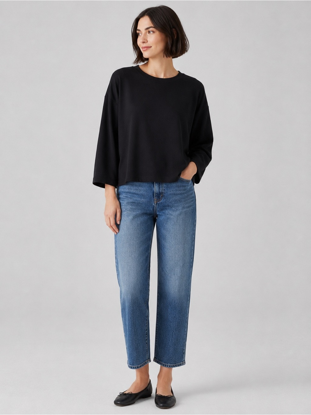 EILEEN FISHER | Boxy Crewneck Drop Shoulder Jersey Top in Black, Size Small